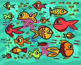 vector pattern illustration, background on a marine theme, fish in the sea, plankton, algae and the deep sea