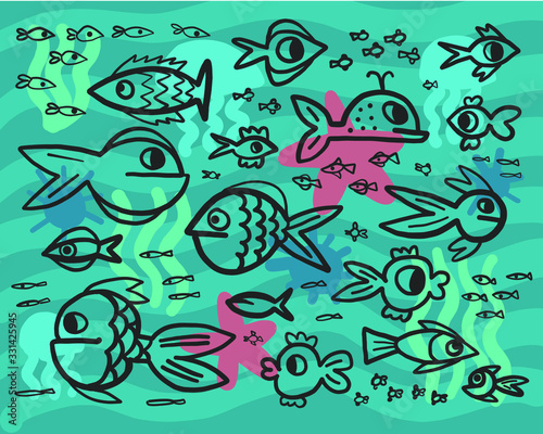 vector pattern illustration, background on a marine theme, fish in the sea, plankton, algae and the deep sea