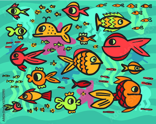 vector pattern illustration, background on a marine theme, fish in the sea, plankton, algae and the deep sea