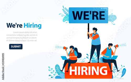 People Looking For Employees With Words We're Hiring, Concept Vector Ilustration. Can Use For Landing Page, Template, Ui, Web, Mobile App, Poster, Banner, Flyer, Background, Website, Advertisement