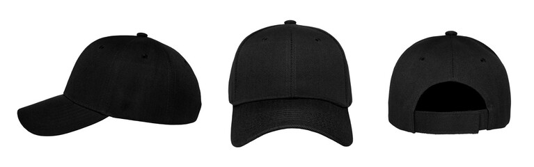 Blank baseball cap 3 view color black on white background