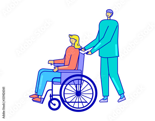 Male doctor with wheelchair patient flat style cartoon isolated on white background, vector illustration . Physiotherapist help transporting person unable to walk in hospital. Medicine, health care