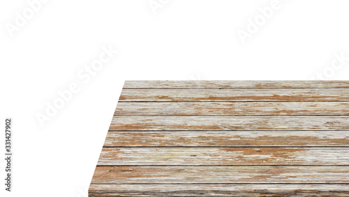 Perspective of wooden or log table corner from top view isolated on white background.