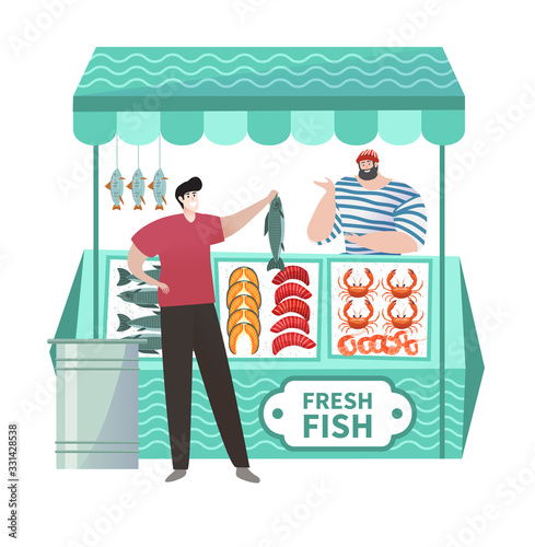 Buyer in fresh fish shop buying ocean organic food in market isolated on white, vector illustration. Two happy men with big fish standing and talking. Organic ocean food concept cartoon flat vector