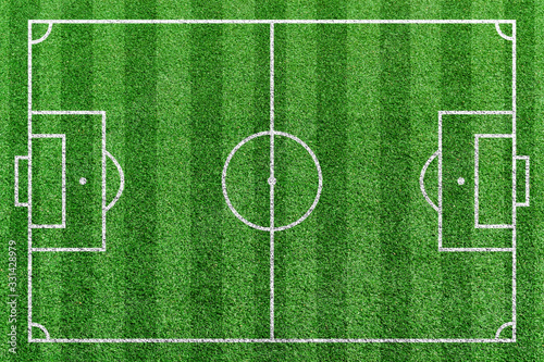 Top view stripe grass soccer field. Green lawn with white lines pattern background.