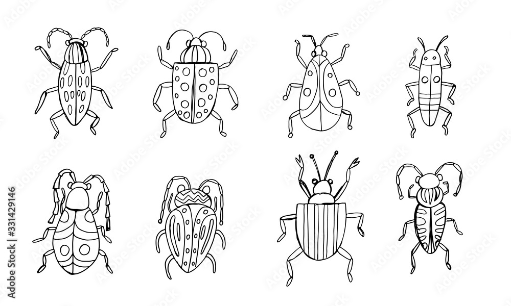 Danger Insect vector set. Web sign kit of line bugs. Beetle pictogram collection. Simple danger insect cartoon colorful icon symbol isolated on white.