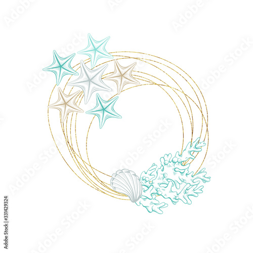 Seashell and marine algae package label, vector modern premium golden frame design. Ocean seashell and sea minerals product, corals and starfish in gold foil circle wreath