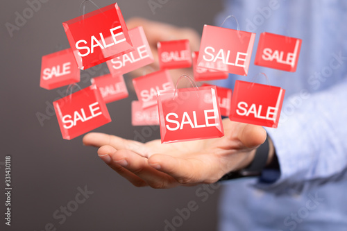 using white and red sales flying icons 3D rendering