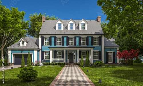 Εκτύπωση καμβά 3d rendering of modern cozy classic house in colonial style with garage and pool for sale or rent with beautiful landscaping on background
