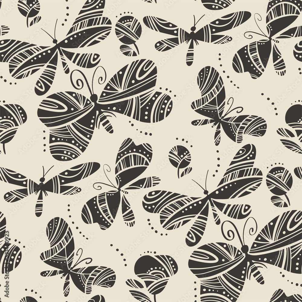 Linocut style dragonfly and butterfly pattern Linocut style dragonfly and butterfly pattern
