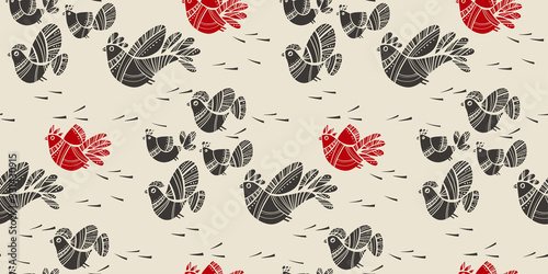 Linocut style spring birds folk vibes seamless pattern