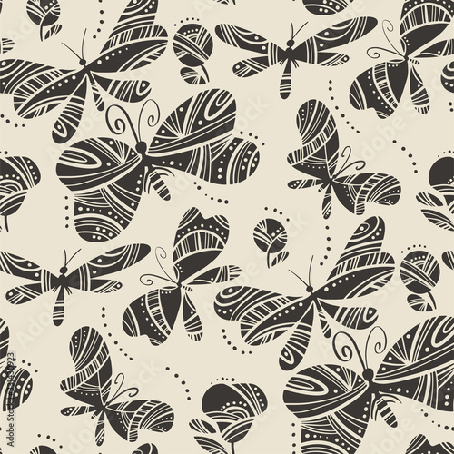 Linocut style dragonfly and butterfly pattern
