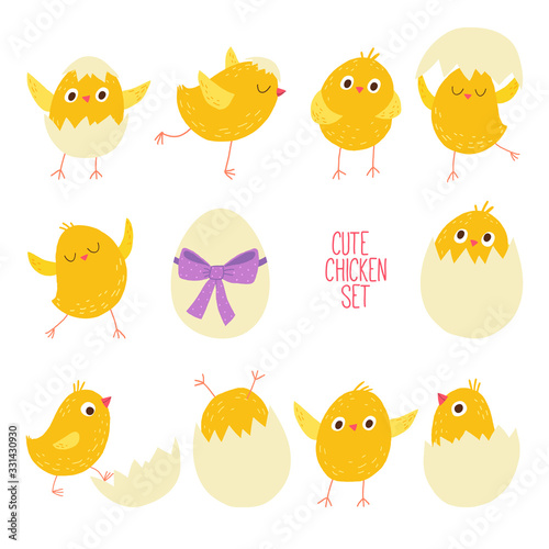 Easter chicks icons. Cracked easter eggs. Cartoon vector hand drawn eps 10 illustration isolated on dark background in a flat style.