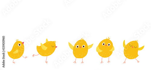 Set of cute little chickens. Cartoon vector hand drawn eps 10 illustration isolated on dark background in a flat style.