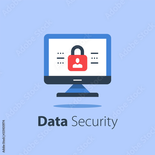 Online security, computer monitor and padlock, safe internet access, antivirus software
