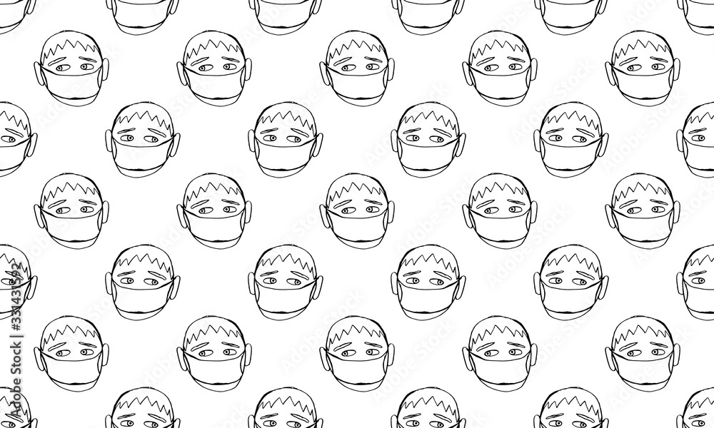 Vector line image of people wearing medical masks protecting themselves from the virus. Coronavirus covid-19 epidemic seamless pattern. Flash of influenza. Crowd of people. Vector line image of people wearing medical masks protecting themselves from the virus. Coronavirus covid-19 epidemic seamless pattern. Flash of influenza. Crowd of people.