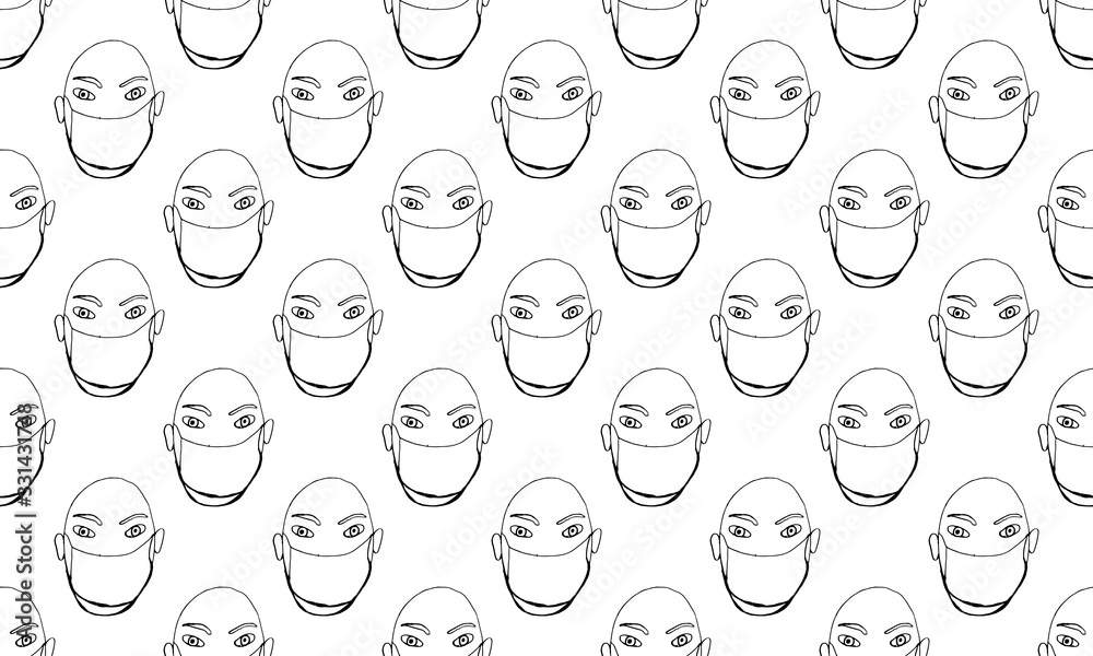 Vector line image of people wearing medical masks protecting themselves from the virus. Coronavirus covid-19 epidemic seamless pattern. Flash of influenza. Crowd of people. Vector line image of people wearing medical masks protecting themselves from the virus. Coronavirus covid-19 epidemic seamless pattern. Flash of influenza. Crowd of people.
