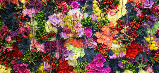 Various color flower background wall with amazing red,orange,pink,purple,green and white various flowers ,Wedding decoration, hand made Beautiful flower wall background 