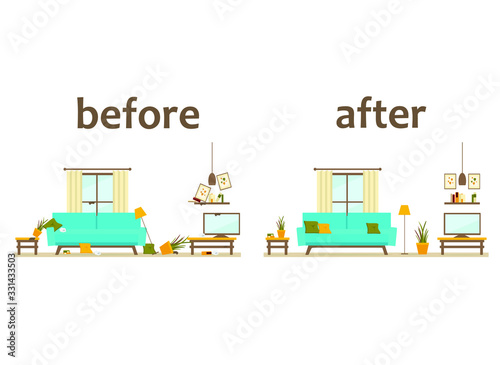 before and after, clean and dirty living room interior, flat vector illustration of living room with furniture