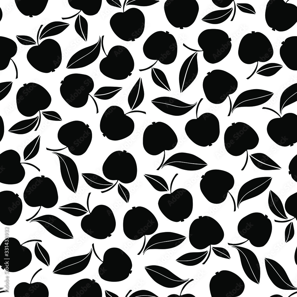 Fototapeta premium Seamless pattern: apples with leaves, black and white. Vector image