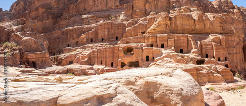 Bedouin houses at historical site of Petra, next to the Nabatean theatre, in the street of facades. 