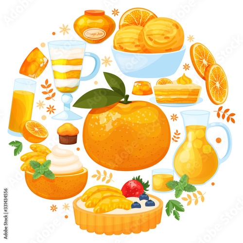 Round frame with tasty and delicious citrus desserts made of fruits on white background, vector illustration. Design for sweets and pastries filled with citrus, dessert menu, nutrition concept with
