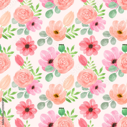 Wallpaper Mural Seamless watercolor pattern with pink roses and anemones handmade flowers and leaves. Vector illustration, isolated. Torontodigital.ca