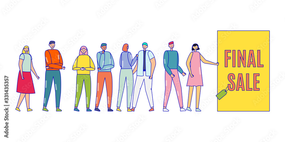 Man and woman characters standing in queue isolated on white, vector illustration. Final sale marketing promotion for people. Customers waiting in line before final sale note. Flat line design