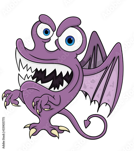 Cartoon purple monster with wings, fangs and tail. Isolated on a white background. Vector stock illustration.