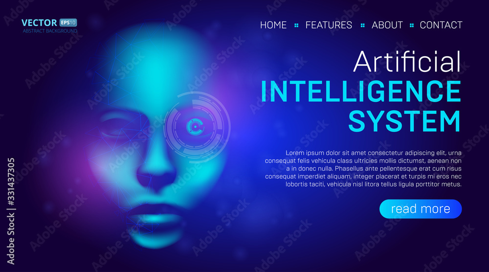 Artificial intelligence landing page background concept or hero banner design with digital humanoid face or cyber head vector illustration. Website template for sci-fi machine deep learning technology