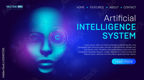 Artificial intelligence landing page background concept or hero banner design with digital humanoid face or cyber head vector illustration. Website template for sci-fi machine deep learning technology