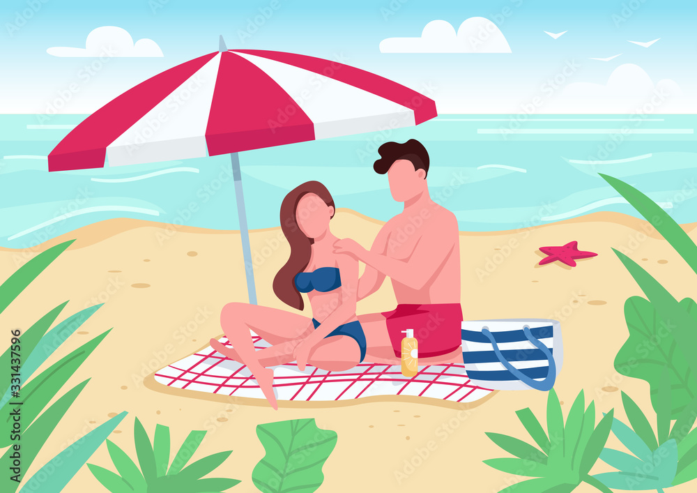 Couple applying sunblock lotion on beach flat color vector illustration. Boyfriend and girlfriend sunbathing. Summertime vacation recreation. 2D cartoon characters with seascape on background