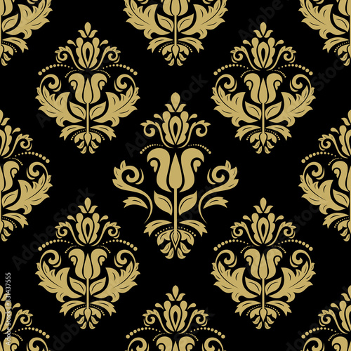 Oriental vector fine texture with damask and floral elements. Seamless abstract background. Black and golden pattern