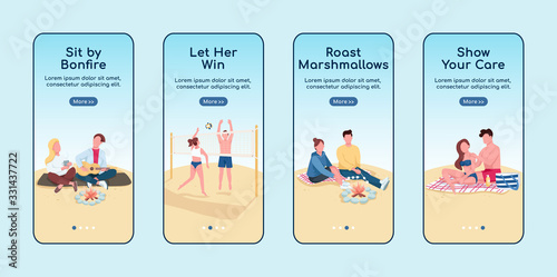 Romantic date at beach onboarding mobile app screen flat vector template. Couple summer activity. Walkthrough website steps with characters. UX, UI, GUI smartphone cartoon interface, case prints set