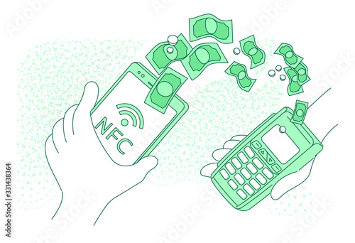 Mobile payment terminal thin line concept vector illustration. Person making payment with smartphone 2D cartoon character for web design. NFC pay, money transfer, e-wallet creative idea