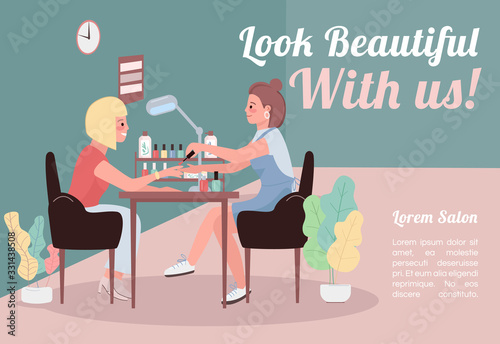 Look beautiful with us banner flat vector template. Brochure, poster concept design with cartoon characters. Woman getting manicure. Gel nail polish horizontal flyer, leaflet with place for text