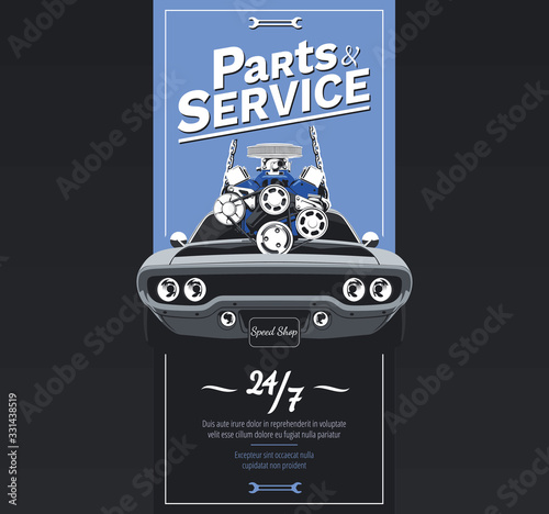 Retro poster with muscle car. Vector illustration. CMYK.