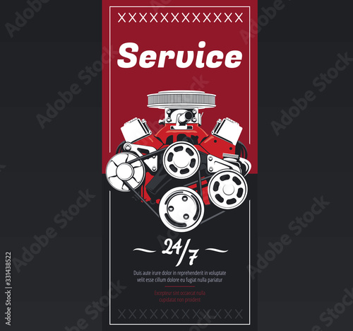 Retro poster with V8 engine. Vector illustration. CMYK.