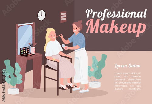 Professional makeup banner flat vector template. Brochure, poster concept design with cartoon characters. Beautician cosmetic service. Skincare treatment horizontal flyer, leaflet with place for text