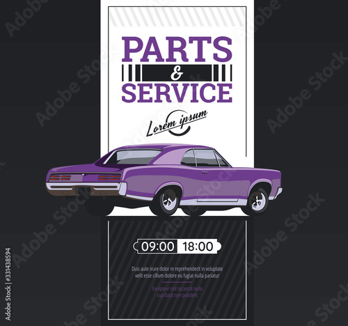 Retro poster with muscle car. Vector illustration. CMYK.