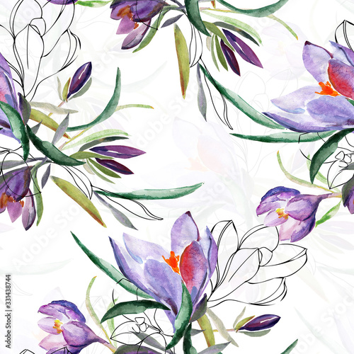 Crocus seamless pattern.Image on a white and color background.