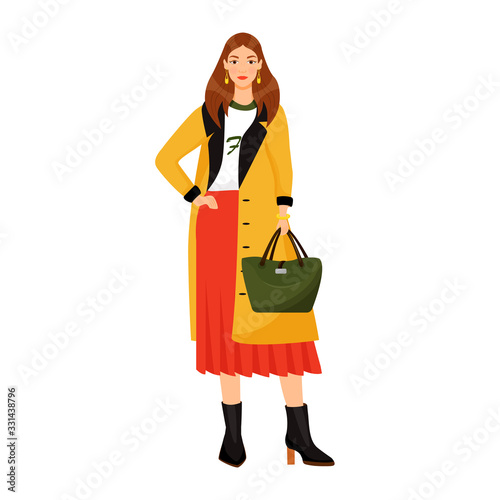 Young woman in trendy clothes flat color vector faceless character. Girl wearing stylish outfit isolated cartoon illustration for web graphic design and animation. Female fashion model