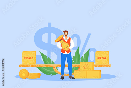 Import and export tariffs flat concept vector illustration. Man holding stamp 2D cartoon character for web design. International trading tax, taxation policy, legal obligation creative idea