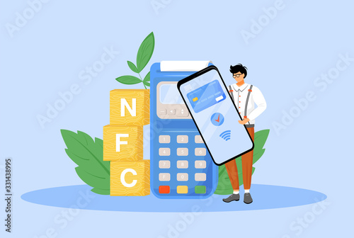 NFC payment flat concept vector illustration. Man using smartphone for contactless payment 2D cartoon character for web design. E payment application, near field communication technology creative idea