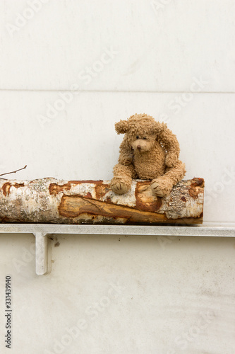 a teddy bear toy sits on a log next to the facade of a house in an abandoned territory. Abandoned old toy photo