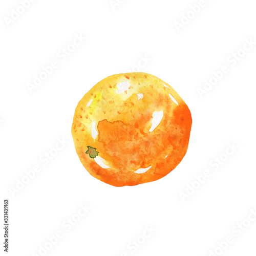 Aquarelle orange citrus fruit isolated on white background. Watercolor hand drawing illustration of close up one mandarin. Perfect for food design, menu, cover, print, logo.