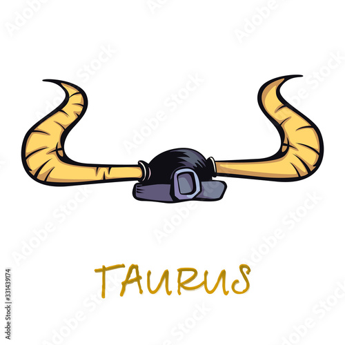 Taurus zodiac sign accessory flat cartoon vector illustration. Ancient warrior helmet with bull horns object. Astrological earth symbol characteristics, viking armor element. Isolated hand drawn item