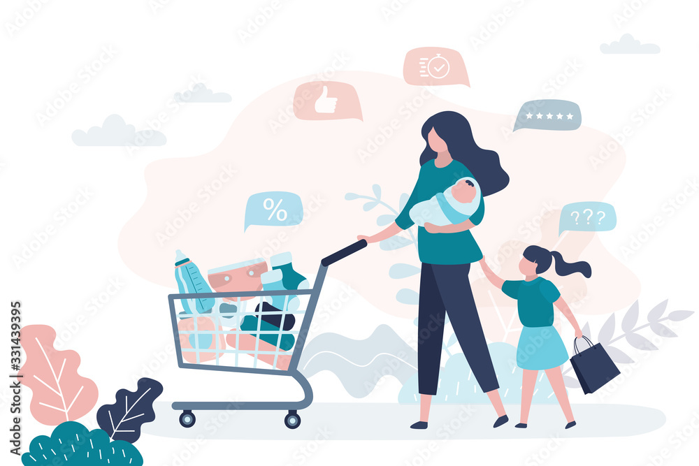 Beauty woman and children after shopping. Lady holding newborn baby and shopping trolley. Beauty woman and children after shopping. Lady holding newborn baby and shopping trolley.