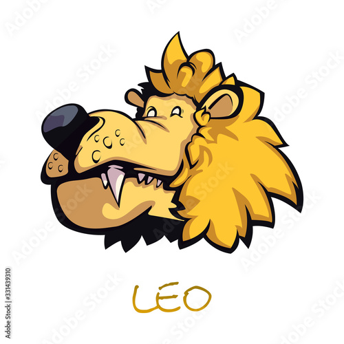 Leo zodiac sign flat cartoon vector illustration. Celestial lion head object. Astrological horoscope fire symbol characteristics, jungle wild animal element. Isolated hand drawn item