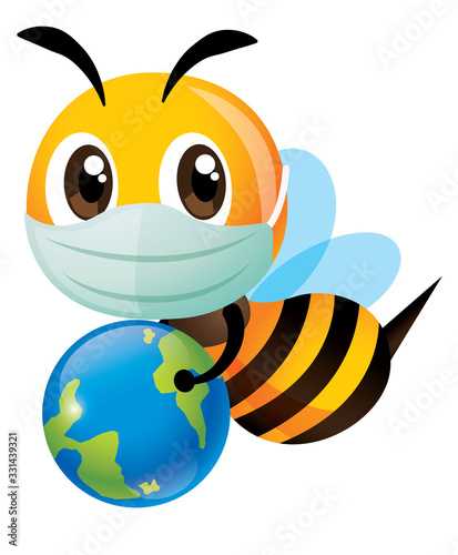 Save the bee and earth. Cartoon cute bee wearing surgical mask and carrying a little earth. To educate human to protect the green environment against pollution. - vector character